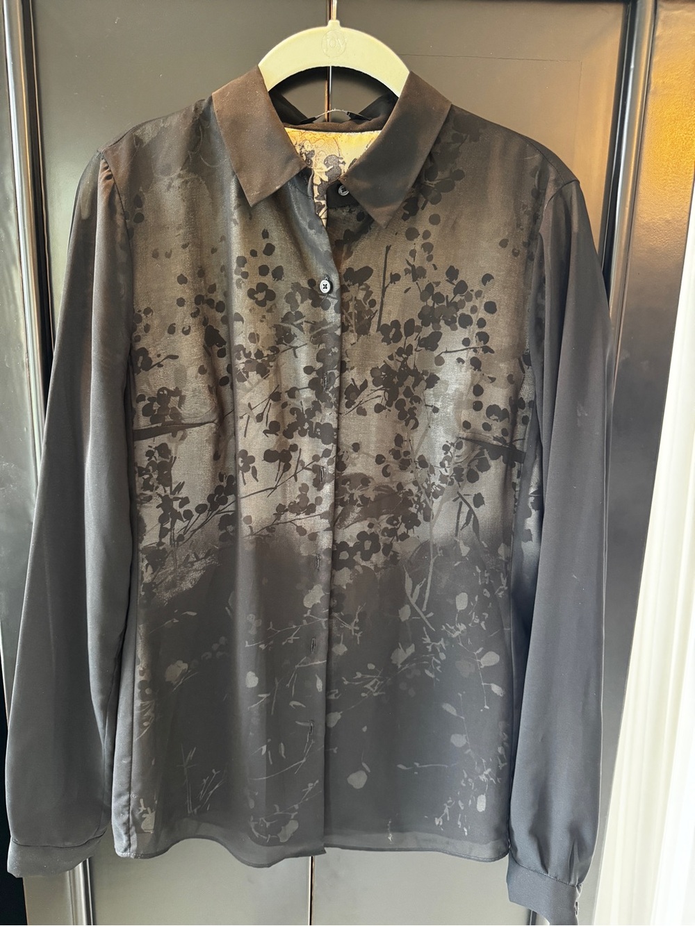 Tahiti Black Sheer Floral-Print Button Front Women's Blouse